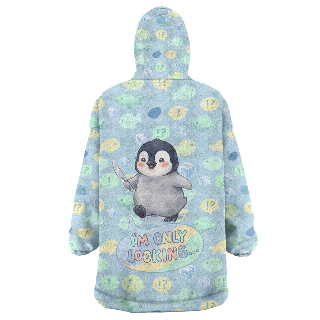 Sneaky Flipper Cute Penguin Holding Knife Wearable Blanket Hoodie Funny Chibi Penguin Graphic With Ice And Fish Pattern