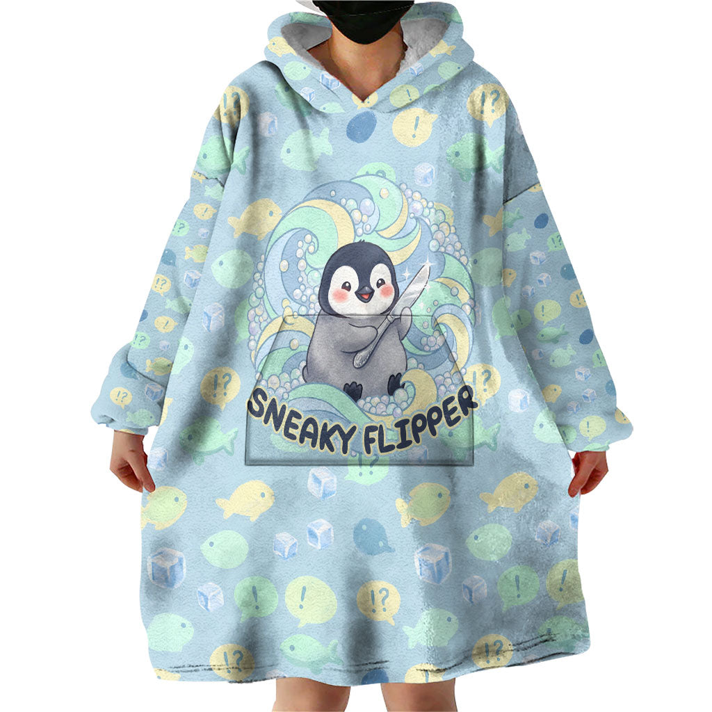 Sneaky Flipper Cute Penguin Holding Knife Wearable Blanket Hoodie Funny Chibi Penguin Graphic With Ice And Fish Pattern