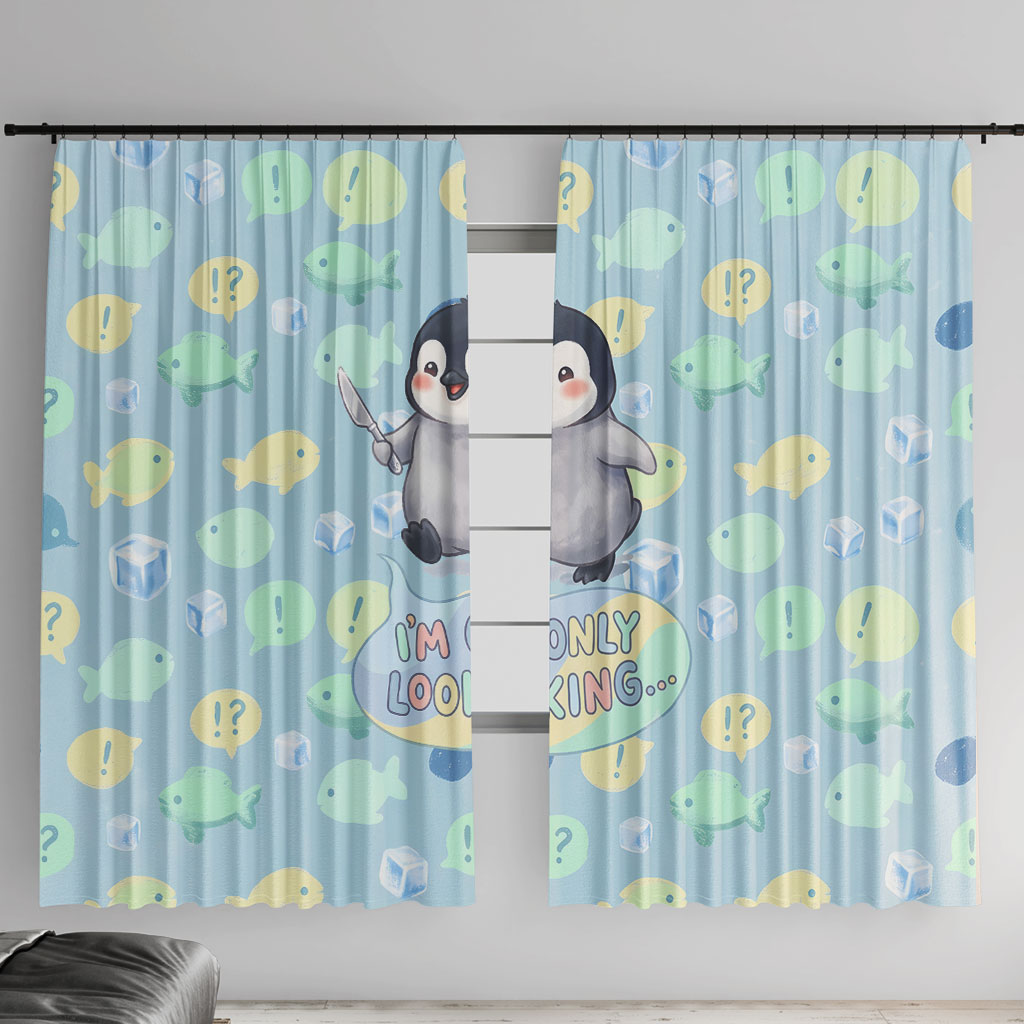 Sneaky Flipper Cute Penguin Holding Knife Window Curtain Funny Chibi Penguin Graphic With Ice And Fish Pattern