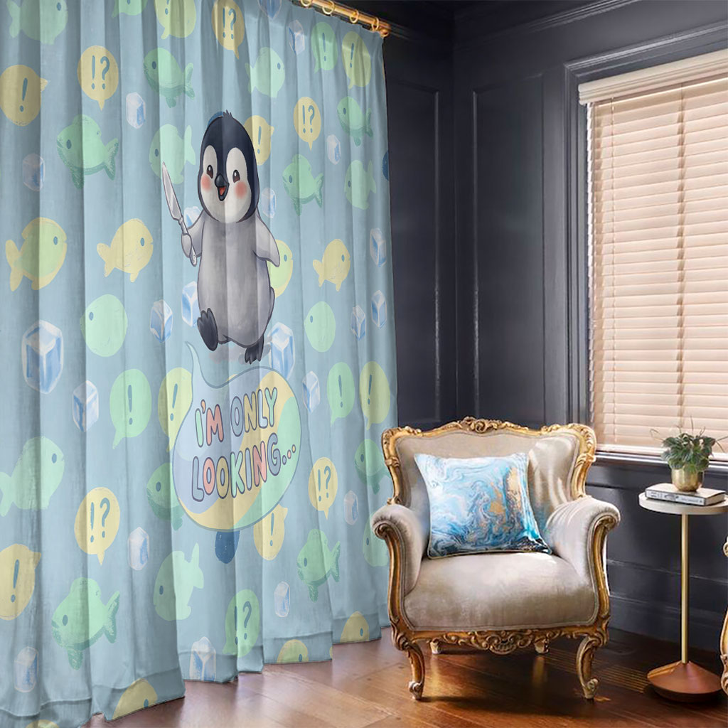 Sneaky Flipper Cute Penguin Holding Knife Window Curtain Funny Chibi Penguin Graphic With Ice And Fish Pattern