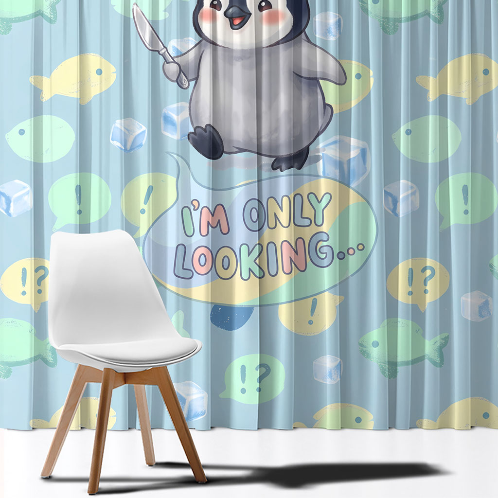 Sneaky Flipper Cute Penguin Holding Knife Window Curtain Funny Chibi Penguin Graphic With Ice And Fish Pattern