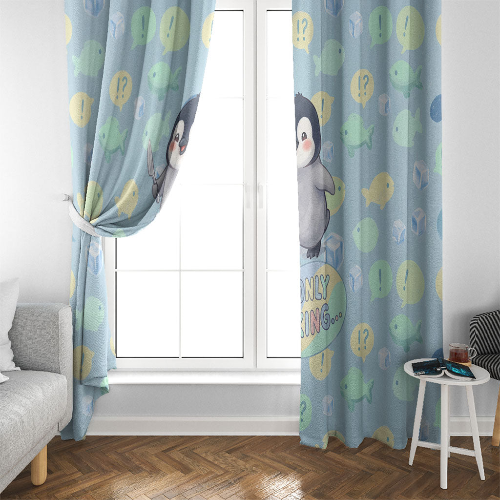 Sneaky Flipper Cute Penguin Holding Knife Window Curtain Funny Chibi Penguin Graphic With Ice And Fish Pattern