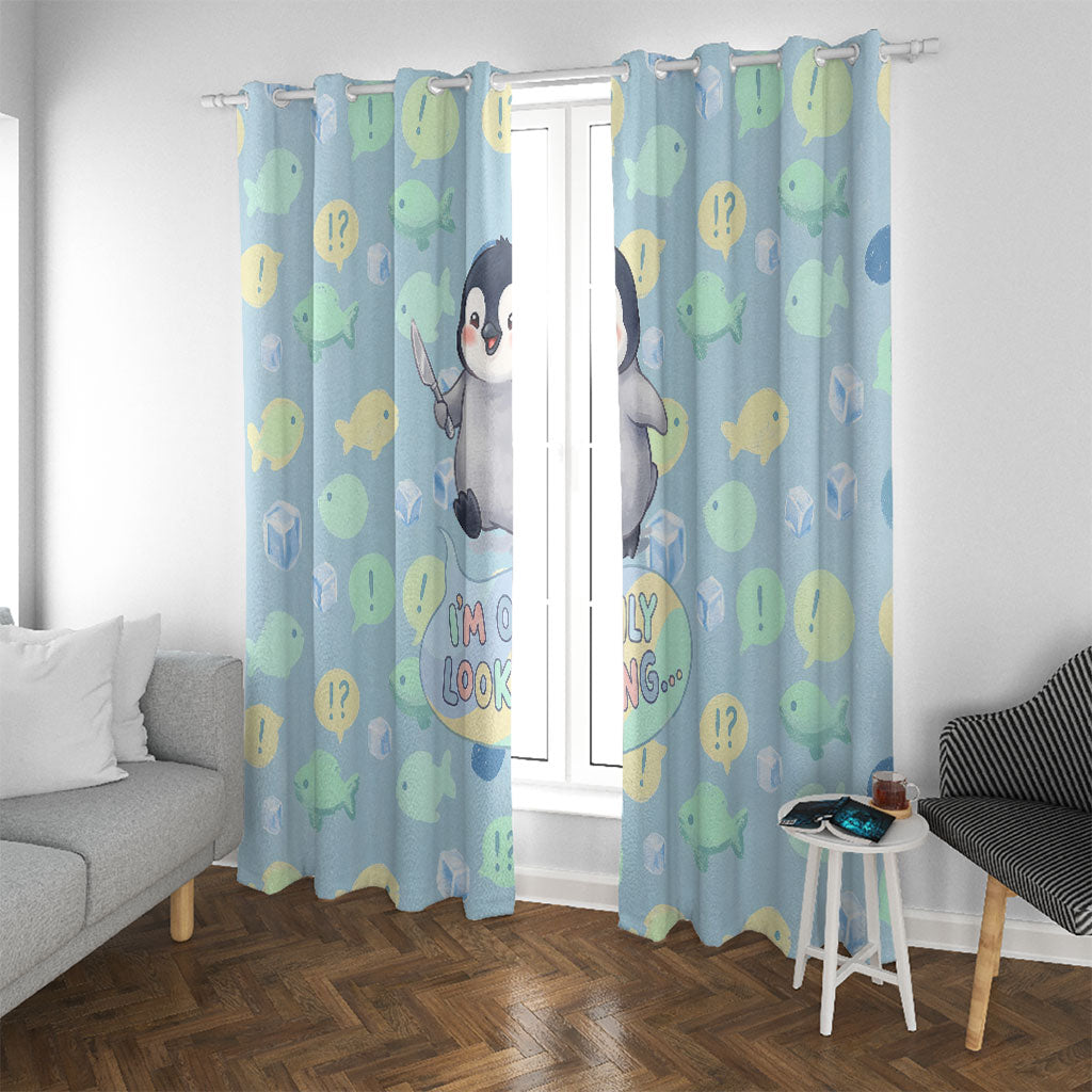 Sneaky Flipper Cute Penguin Holding Knife Window Curtain Funny Chibi Penguin Graphic With Ice And Fish Pattern