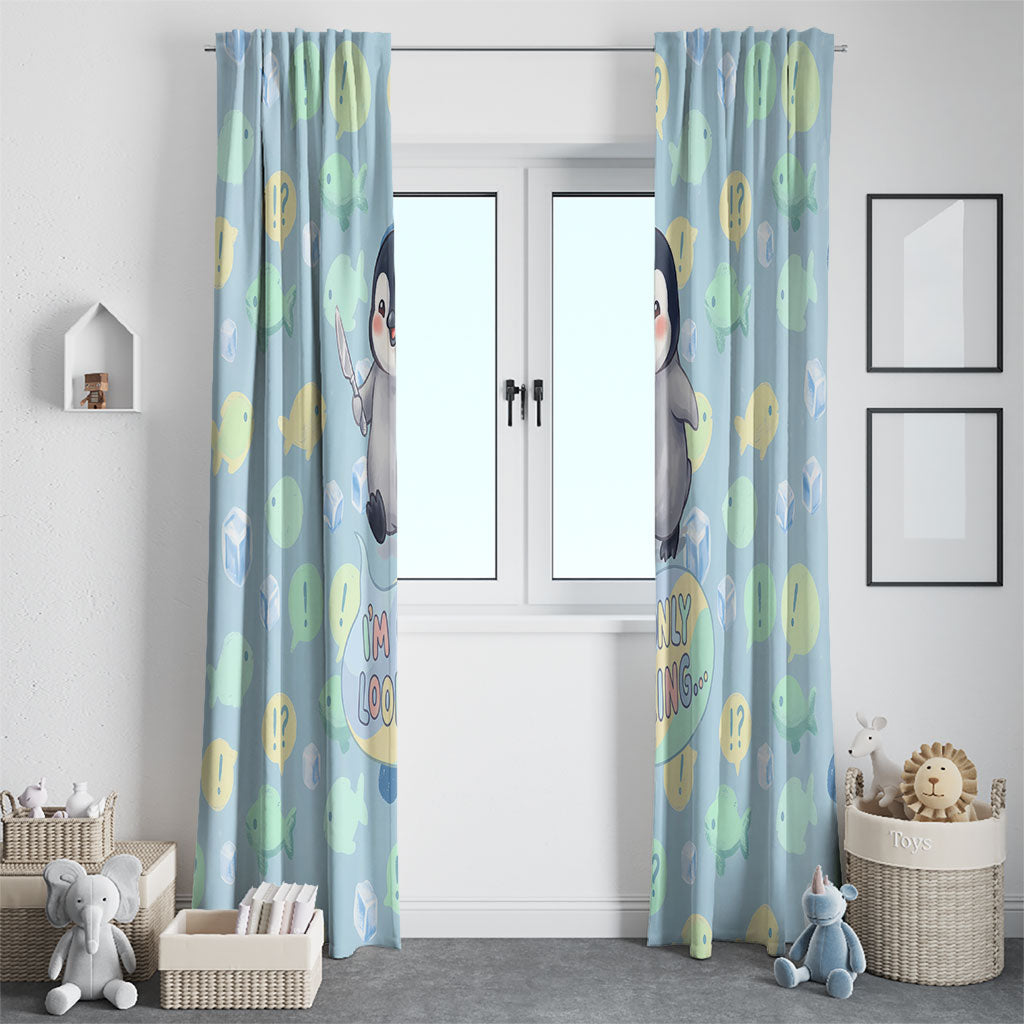 Sneaky Flipper Cute Penguin Holding Knife Window Curtain Funny Chibi Penguin Graphic With Ice And Fish Pattern