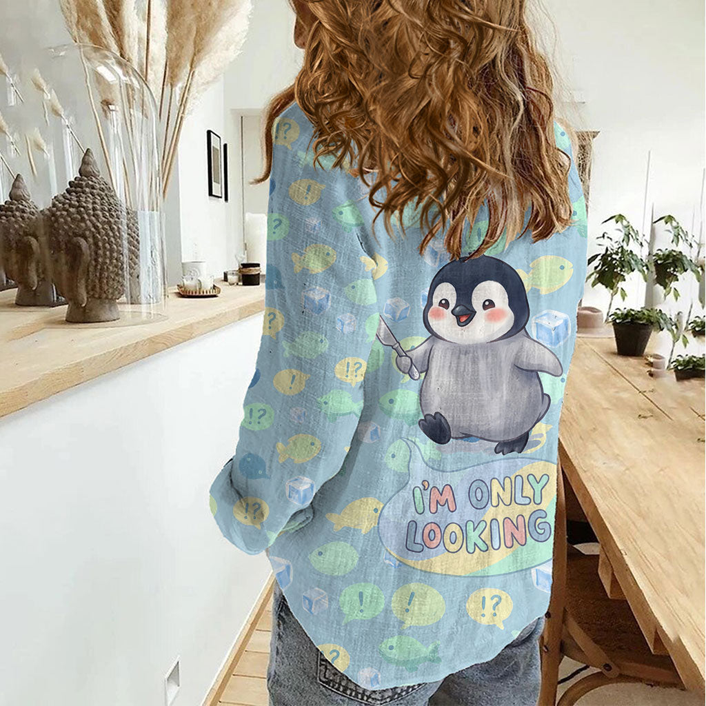 Sneaky Flipper Cute Penguin Holding Knife Women Casual Shirt Funny Chibi Penguin Graphic With Ice And Fish Pattern