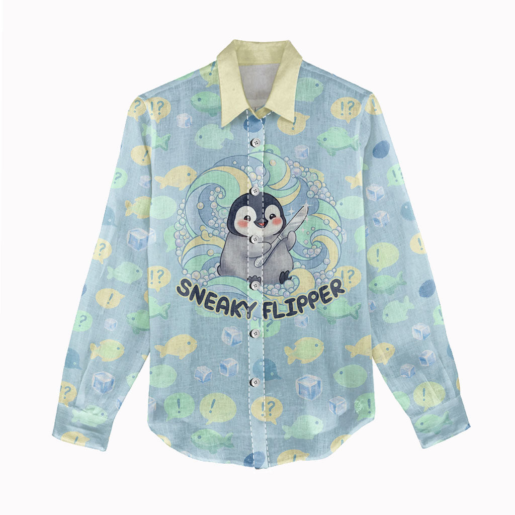 Sneaky Flipper Cute Penguin Holding Knife Women Casual Shirt Funny Chibi Penguin Graphic With Ice And Fish Pattern