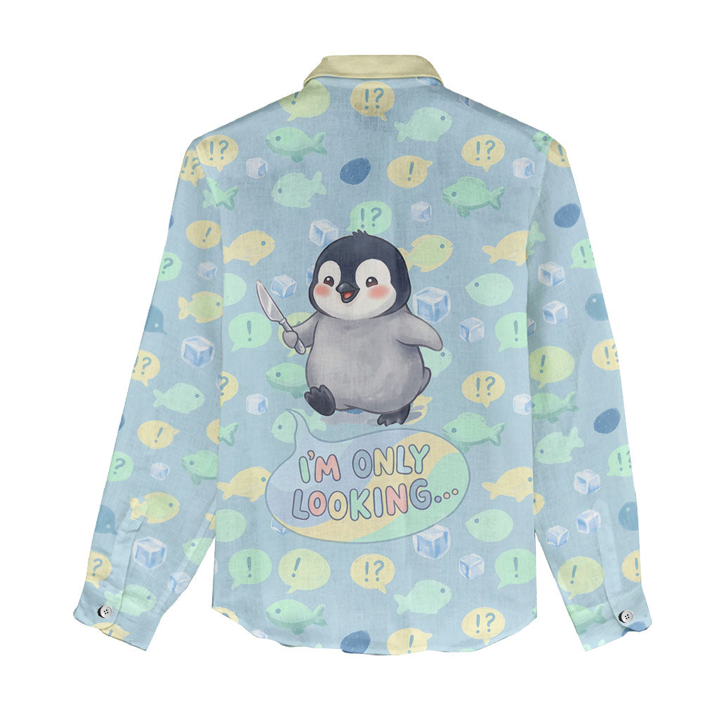 Sneaky Flipper Cute Penguin Holding Knife Women Casual Shirt Funny Chibi Penguin Graphic With Ice And Fish Pattern