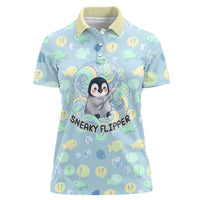 Sneaky Flipper Cute Penguin Holding Knife Women Polo Shirt Funny Chibi Penguin Graphic With Ice And Fish Pattern