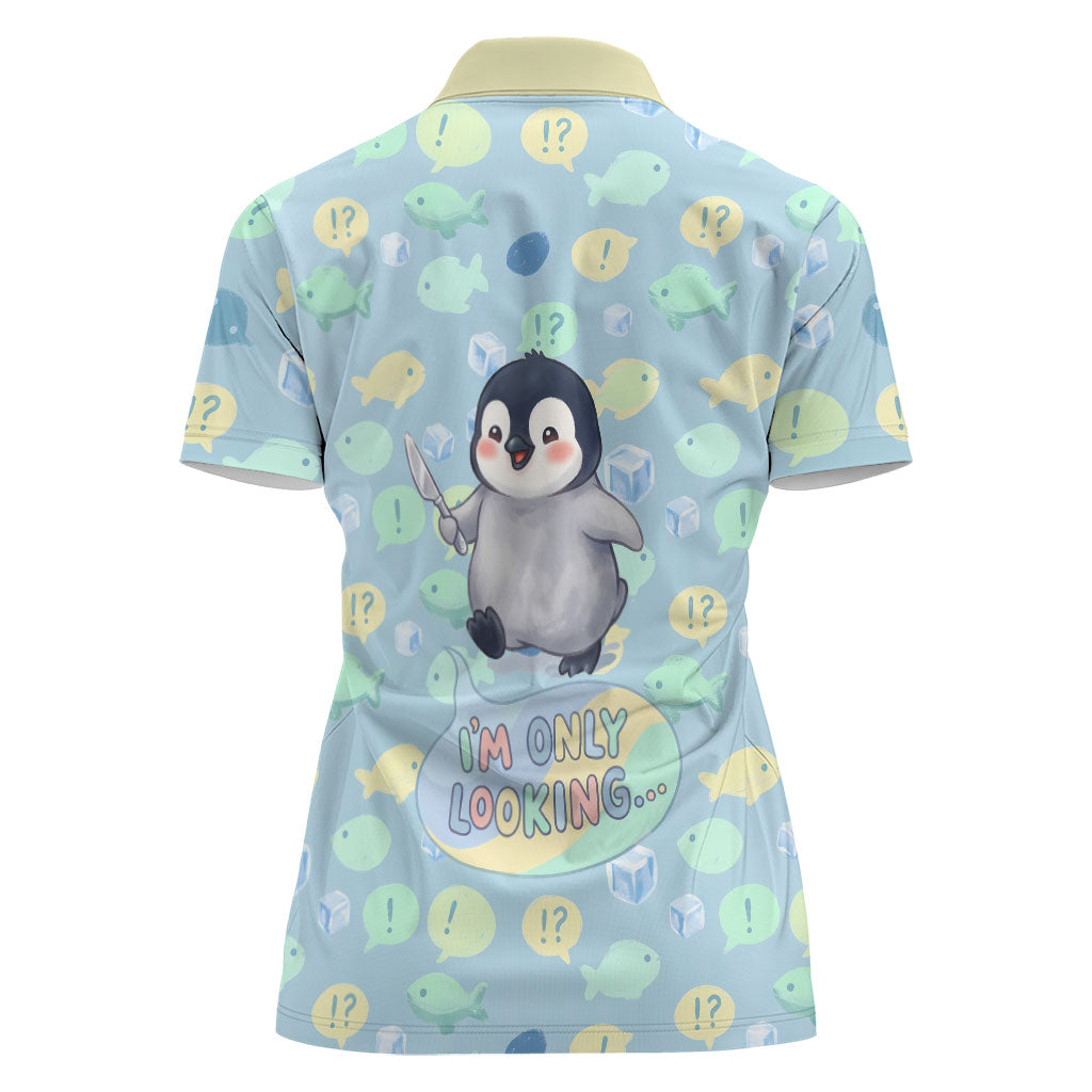 Sneaky Flipper Cute Penguin Holding Knife Women Polo Shirt Funny Chibi Penguin Graphic With Ice And Fish Pattern