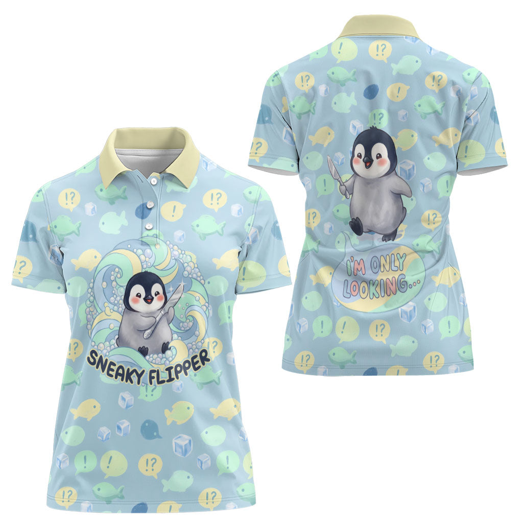 Sneaky Flipper Cute Penguin Holding Knife Women Polo Shirt Funny Chibi Penguin Graphic With Ice And Fish Pattern