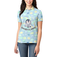 Sneaky Flipper Cute Penguin Holding Knife Women Polo Shirt Funny Chibi Penguin Graphic With Ice And Fish Pattern