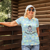 Sneaky Flipper Cute Penguin Holding Knife Women Polo Shirt Funny Chibi Penguin Graphic With Ice And Fish Pattern