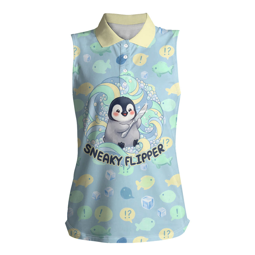 Sneaky Flipper Cute Penguin Holding Knife Women Sleeveless Polo Shirt Funny Chibi Penguin Graphic With Ice And Fish Pattern