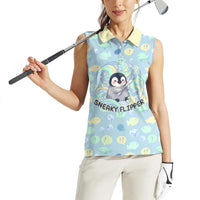Sneaky Flipper Cute Penguin Holding Knife Women Sleeveless Polo Shirt Funny Chibi Penguin Graphic With Ice And Fish Pattern