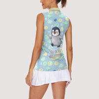 Sneaky Flipper Cute Penguin Holding Knife Women Sleeveless Polo Shirt Funny Chibi Penguin Graphic With Ice And Fish Pattern