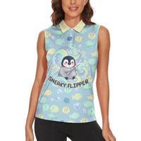 Sneaky Flipper Cute Penguin Holding Knife Women Sleeveless Polo Shirt Funny Chibi Penguin Graphic With Ice And Fish Pattern