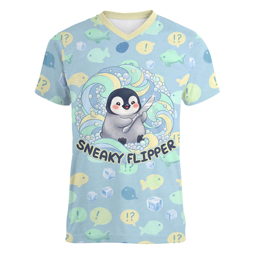 Sneaky Flipper Cute Penguin Holding Knife Women V-Neck T-Shirt Funny Chibi Penguin Graphic With Ice And Fish Pattern