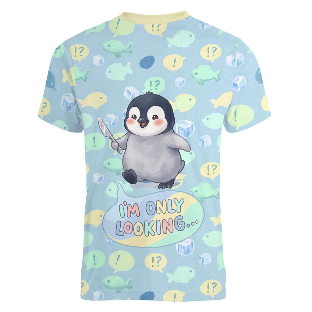 Sneaky Flipper Cute Penguin Holding Knife Women V-Neck T-Shirt Funny Chibi Penguin Graphic With Ice And Fish Pattern