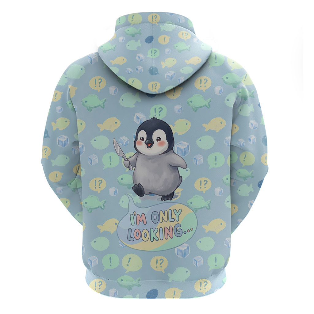 Sneaky Flipper Cute Penguin Holding Knife Zip Hoodie Funny Chibi Penguin Graphic With Ice And Fish Pattern