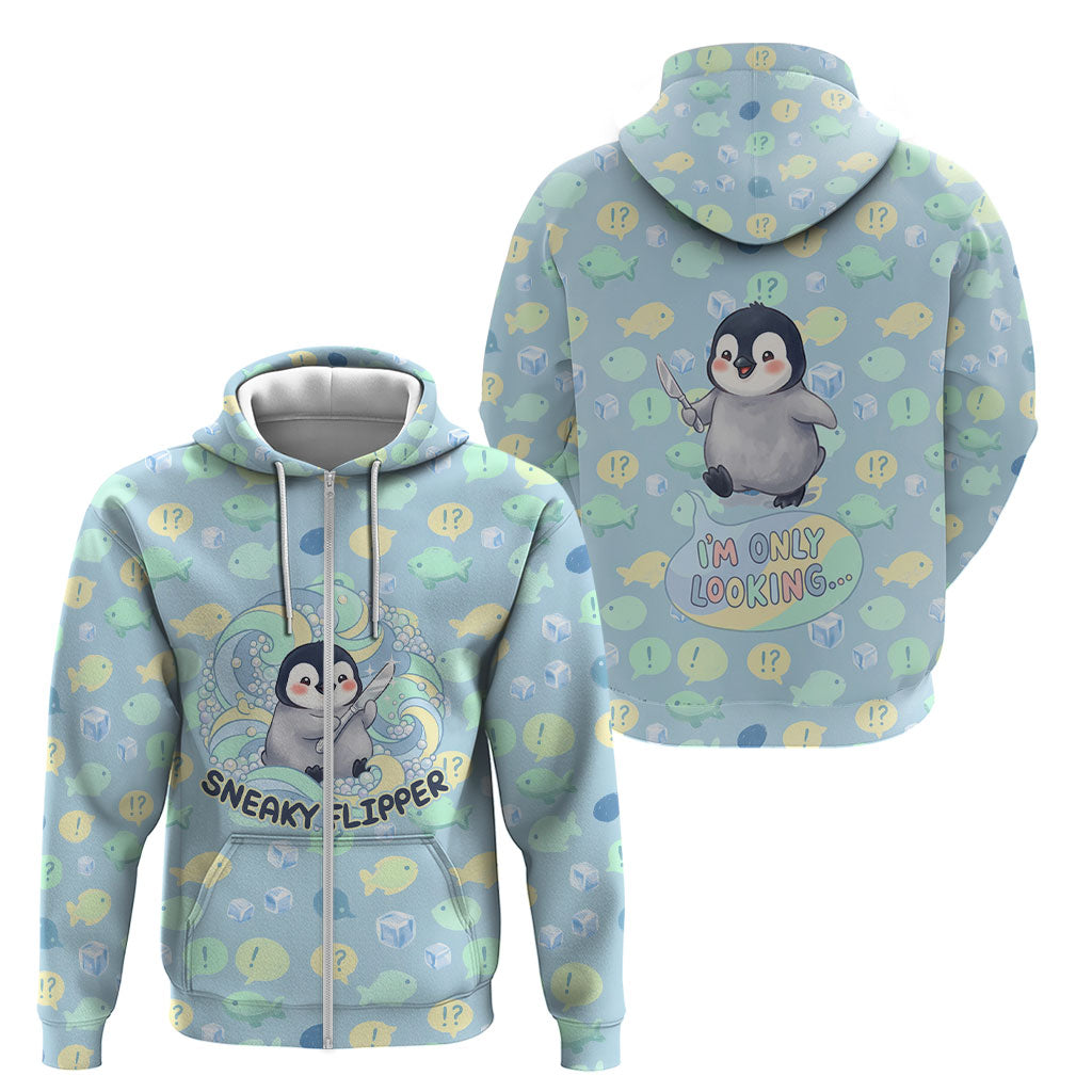Sneaky Flipper Cute Penguin Holding Knife Zip Hoodie Funny Chibi Penguin Graphic With Ice And Fish Pattern
