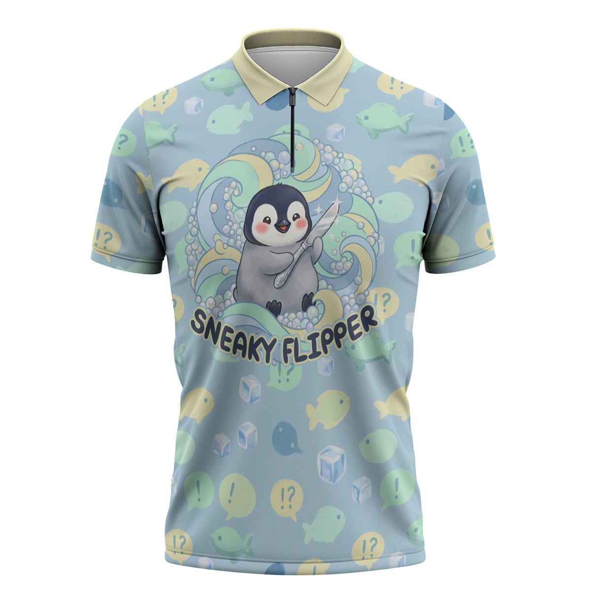 Sneaky Flipper Cute Penguin Holding Knife Zipper Polo Shirt Funny Chibi Penguin Graphic With Ice And Fish Pattern