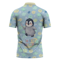 Sneaky Flipper Cute Penguin Holding Knife Zipper Polo Shirt Funny Chibi Penguin Graphic With Ice And Fish Pattern