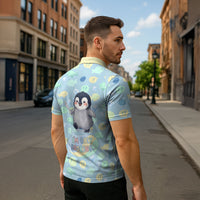 Sneaky Flipper Cute Penguin Holding Knife Zipper Polo Shirt Funny Chibi Penguin Graphic With Ice And Fish Pattern