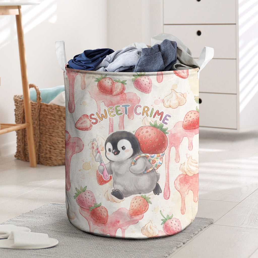 Sweet Crime Cute Penguin Holding Knife Laundry Basket Funny Strawberry Cake Graphic With Pastel Dessert Pattern