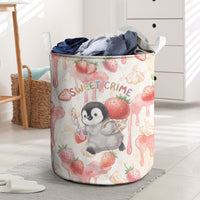 Sweet Crime Cute Penguin Holding Knife Laundry Basket Funny Strawberry Cake Graphic With Pastel Dessert Pattern