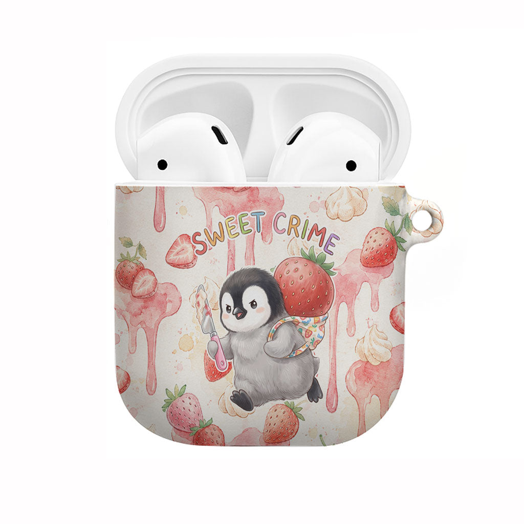 Sweet Crime Cute Penguin Holding Knife AirPods Case Funny Strawberry Cake Graphic With Pastel Dessert Pattern