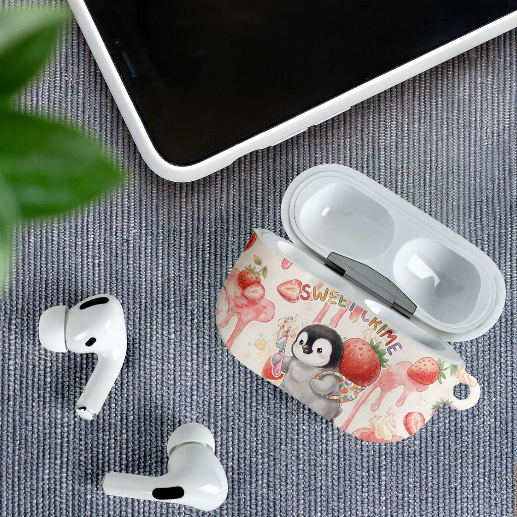 Sweet Crime Cute Penguin Holding Knife AirPods Case Funny Strawberry Cake Graphic With Pastel Dessert Pattern