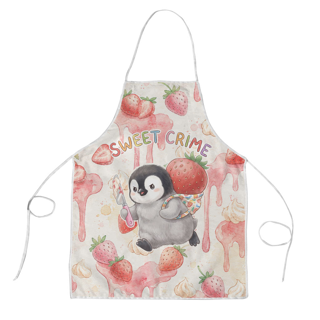 Sweet Crime Cute Penguin Holding Knife Apron Funny Strawberry Cake Graphic With Pastel Dessert Pattern