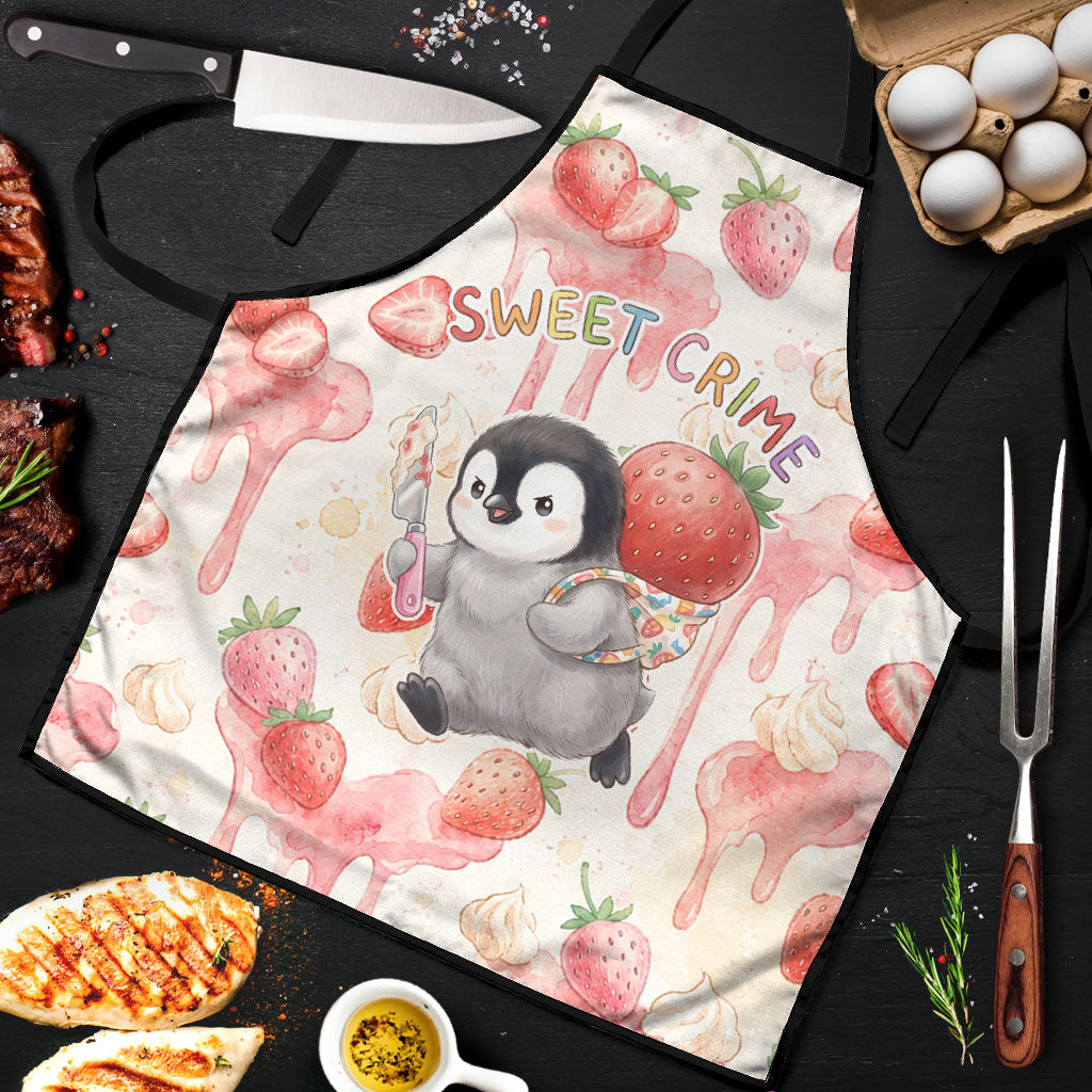 Sweet Crime Cute Penguin Holding Knife Apron Funny Strawberry Cake Graphic With Pastel Dessert Pattern