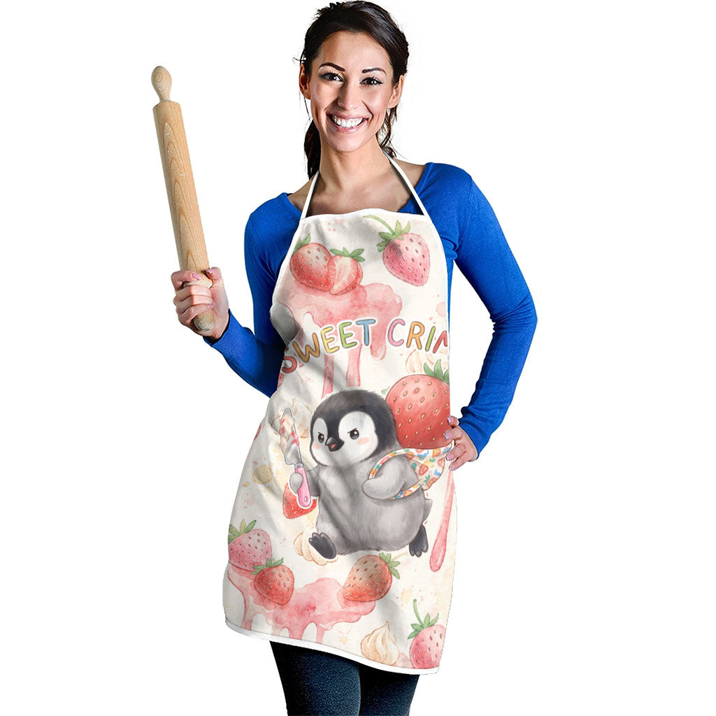 Sweet Crime Cute Penguin Holding Knife Apron Funny Strawberry Cake Graphic With Pastel Dessert Pattern