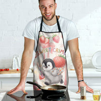 Sweet Crime Cute Penguin Holding Knife Apron Funny Strawberry Cake Graphic With Pastel Dessert Pattern