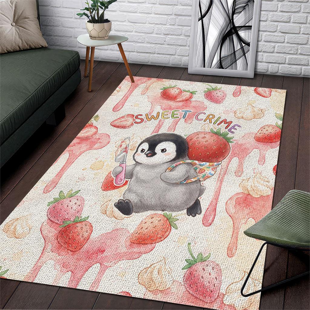 Sweet Crime Cute Penguin Holding Knife Area Rug Funny Strawberry Cake Graphic With Pastel Dessert Pattern