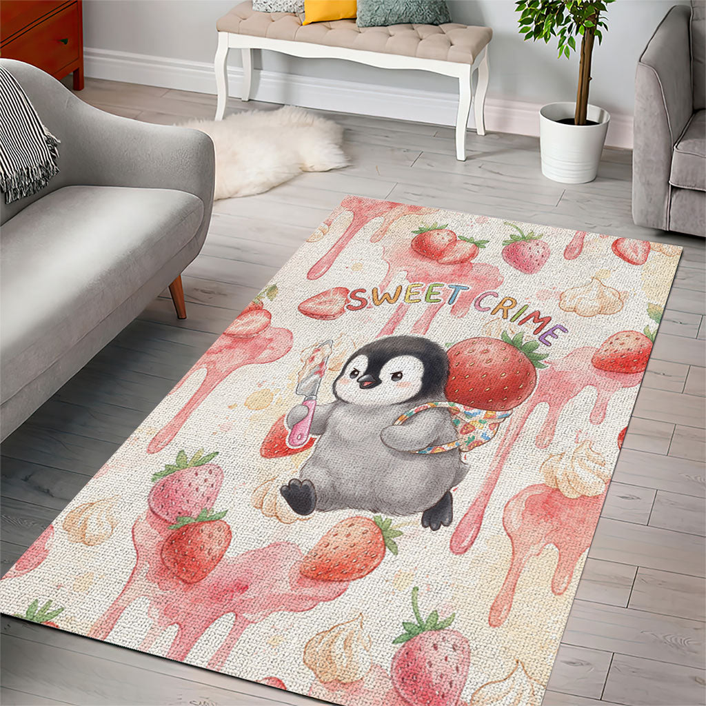 Sweet Crime Cute Penguin Holding Knife Area Rug Funny Strawberry Cake Graphic With Pastel Dessert Pattern