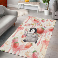 Sweet Crime Cute Penguin Holding Knife Area Rug Funny Strawberry Cake Graphic With Pastel Dessert Pattern