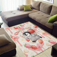 Sweet Crime Cute Penguin Holding Knife Area Rug Funny Strawberry Cake Graphic With Pastel Dessert Pattern