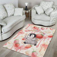 Sweet Crime Cute Penguin Holding Knife Area Rug Funny Strawberry Cake Graphic With Pastel Dessert Pattern