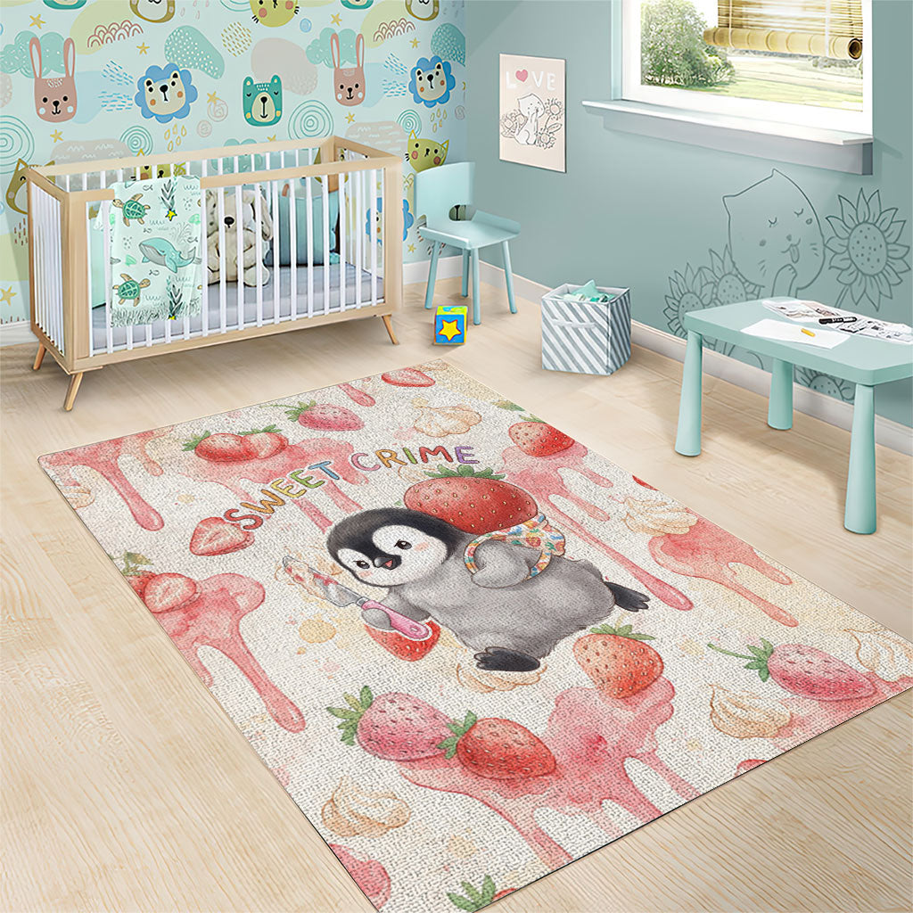 Sweet Crime Cute Penguin Holding Knife Area Rug Funny Strawberry Cake Graphic With Pastel Dessert Pattern