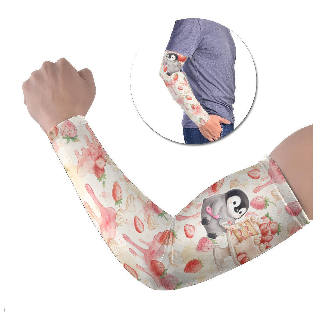 Sweet Crime Cute Penguin Holding Knife Arm Sleeves Funny Strawberry Cake Graphic With Pastel Dessert Pattern