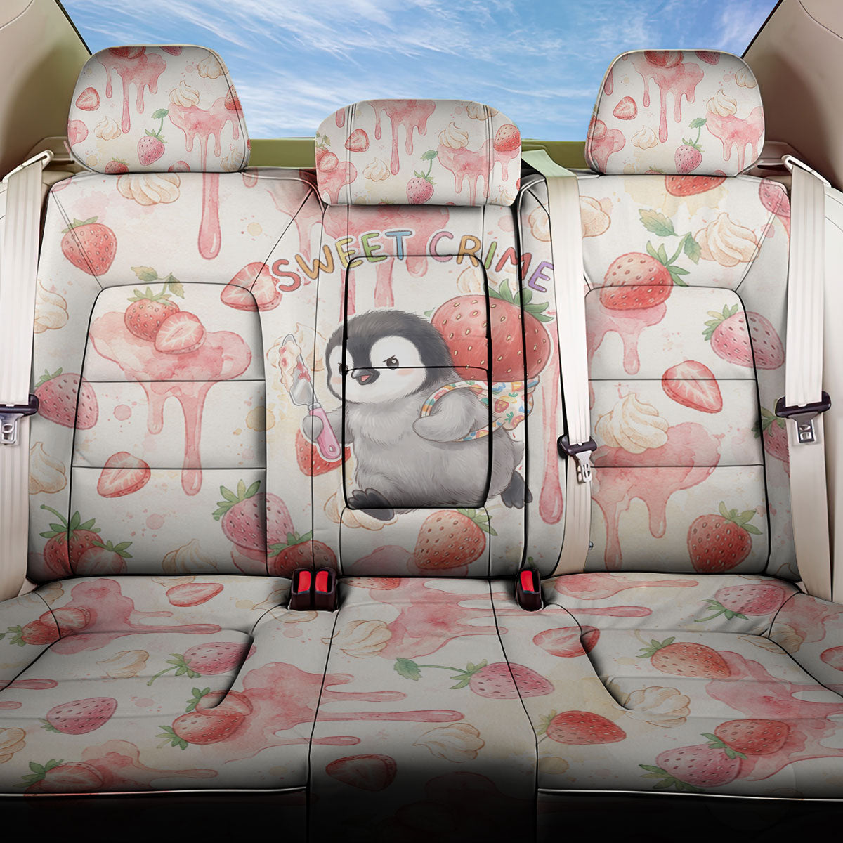 Sweet Crime Cute Penguin Holding Knife Back Car Seat Cover Funny Strawberry Cake Graphic With Pastel Dessert Pattern