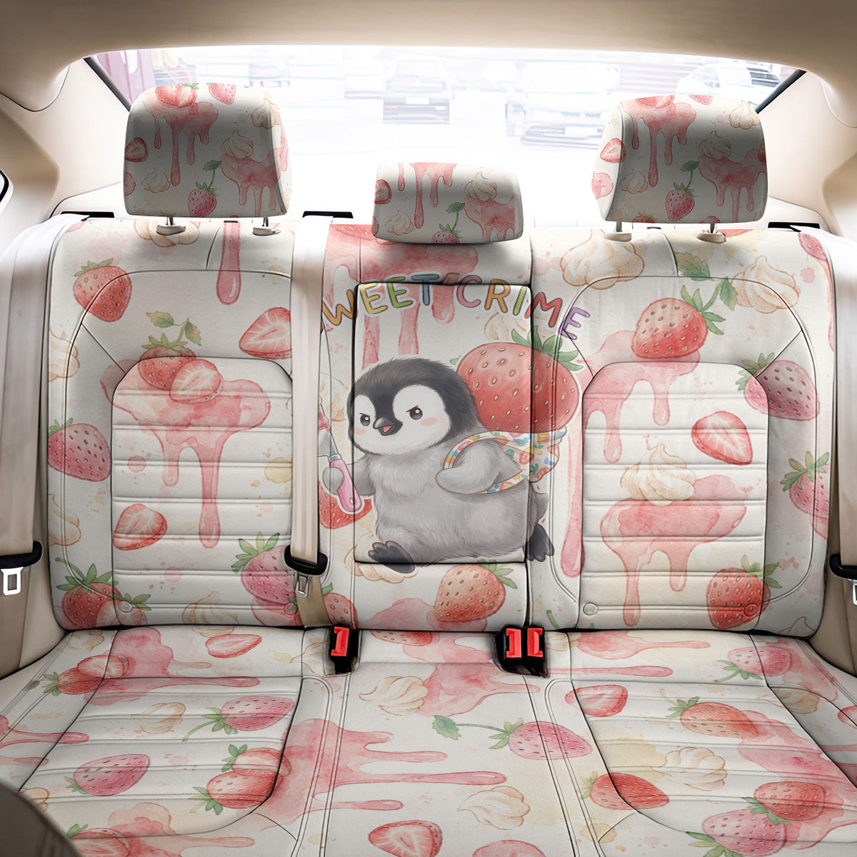 Sweet Crime Cute Penguin Holding Knife Back Car Seat Cover Funny Strawberry Cake Graphic With Pastel Dessert Pattern