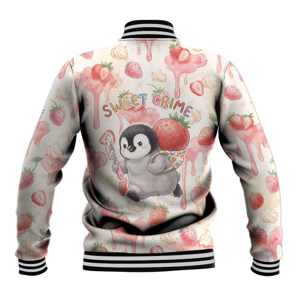 Sweet Crime Cute Penguin Holding Knife Baseball Jacket Funny Strawberry Cake Graphic With Pastel Dessert Pattern