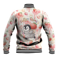 Sweet Crime Cute Penguin Holding Knife Baseball Jacket Funny Strawberry Cake Graphic With Pastel Dessert Pattern
