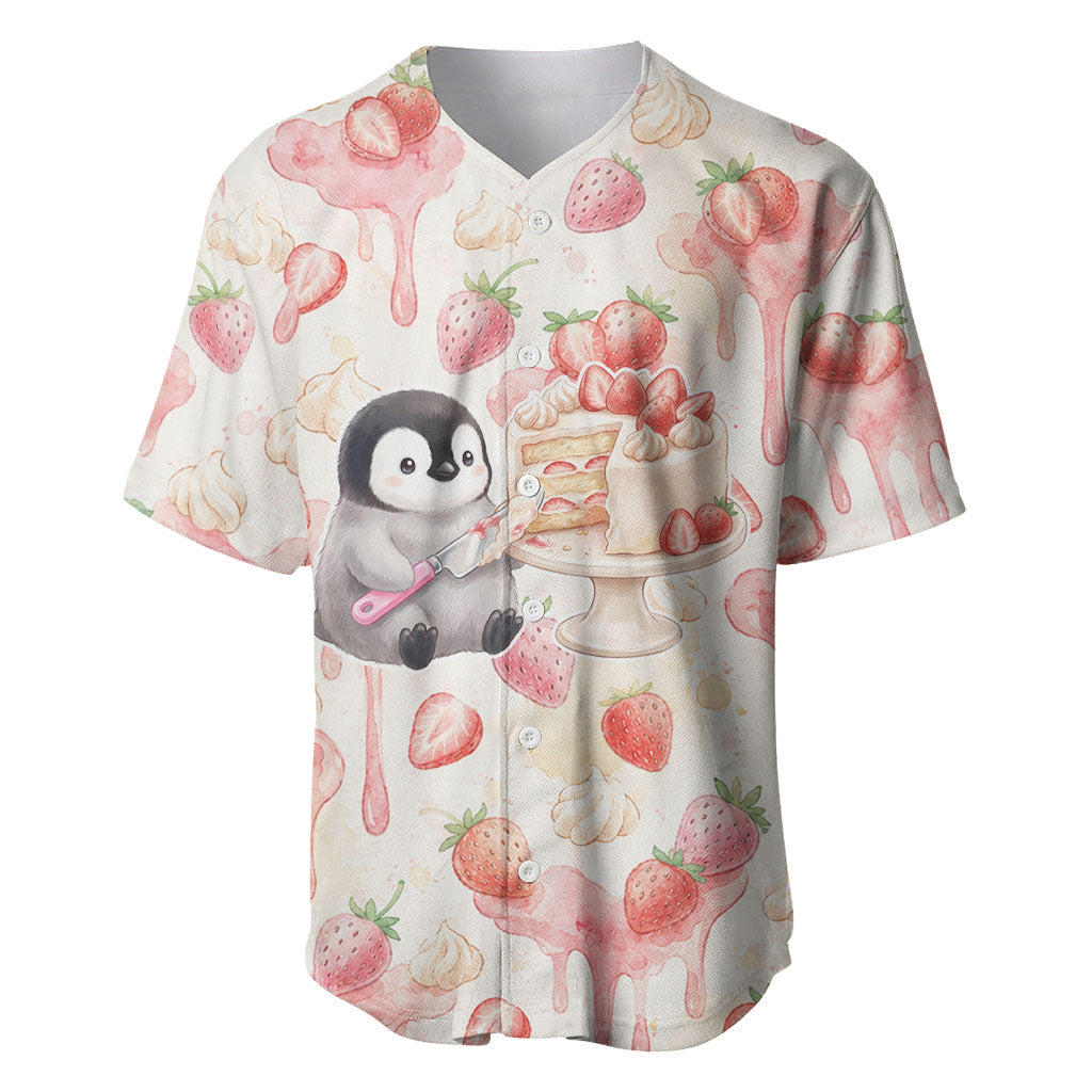 Sweet Crime Cute Penguin Holding Knife Baseball Jersey Funny Strawberry Cake Graphic With Pastel Dessert Pattern