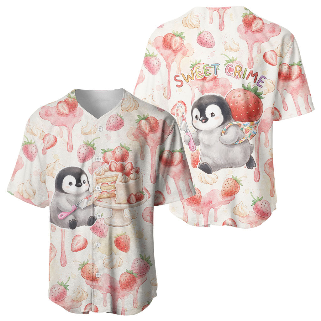 Sweet Crime Cute Penguin Holding Knife Baseball Jersey Funny Strawberry Cake Graphic With Pastel Dessert Pattern