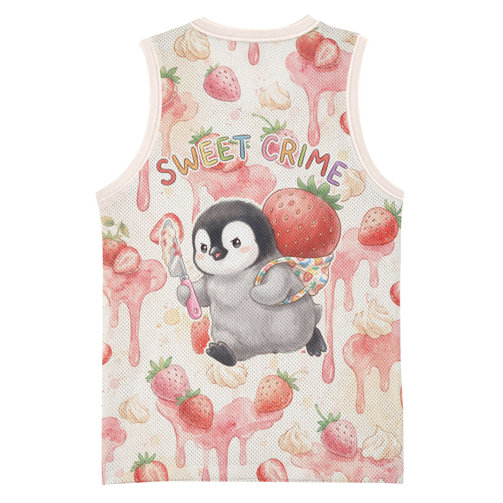 Sweet Crime Cute Penguin Holding Knife Basketball Jersey Funny Strawberry Cake Graphic With Pastel Dessert Pattern