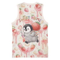 Sweet Crime Cute Penguin Holding Knife Basketball Jersey Funny Strawberry Cake Graphic With Pastel Dessert Pattern